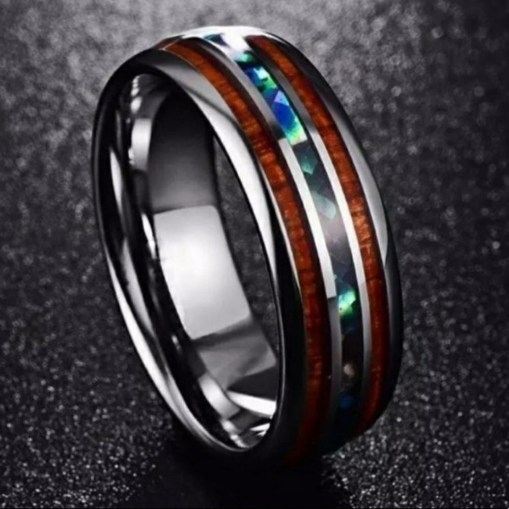 Mens Koa Wood and Abalone Shell Tungsten Carbide Wedding engagement ring
